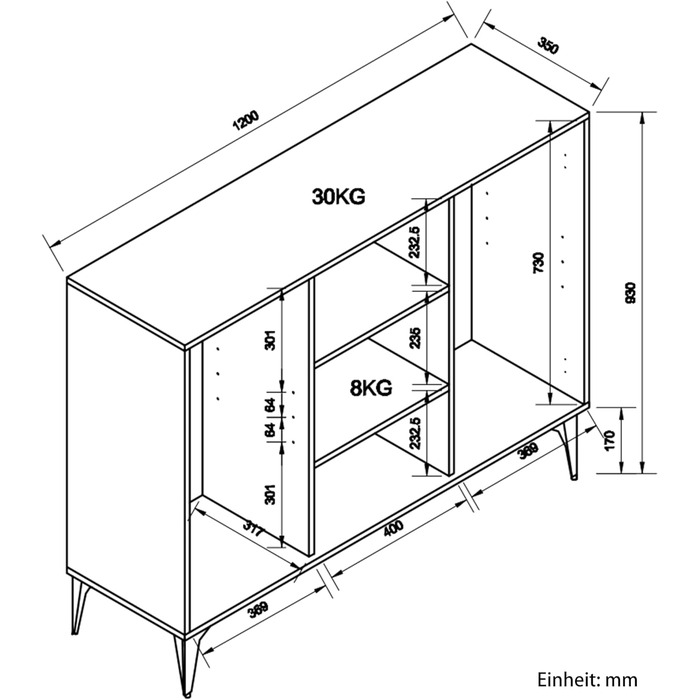 Комод SUNXURY 120x35x93 см, кухонна шафа, багатофункціональна шафа для зберігання з 2 дверцятами, 7 полицями та металевими ніжками, класичний дизайн, дубова текстура, для вітальні, спальні, коридору