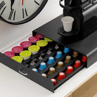 Органайзер для кавових капсул Baroni Home, універсальна шухляда для Nespresso та Dolce Gusto на 30 капсул, відсік для чаю та аксесуарів, компактний пластиковий підстаканник, 34x13x34 см, чорний