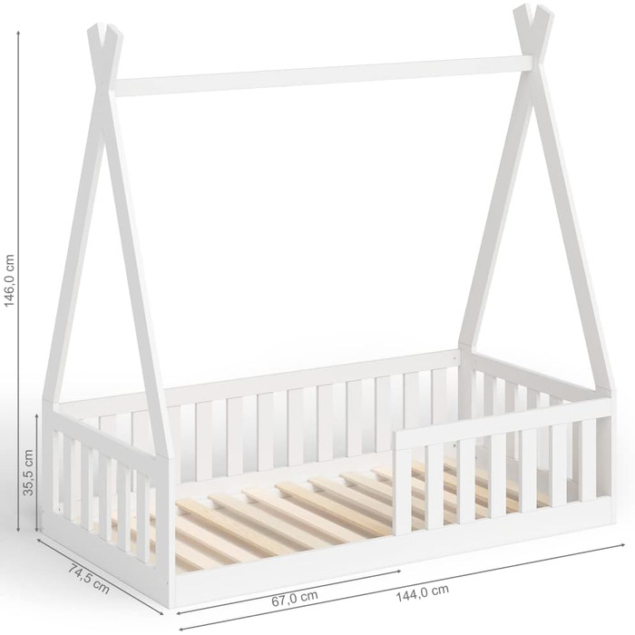 Дитяче підлогове ліжко Tajo Tipi 70x140 см, будиночок-вігвам з масиву сосни з бортиком і рейковим основою, натуральне, для дітей від 3 років