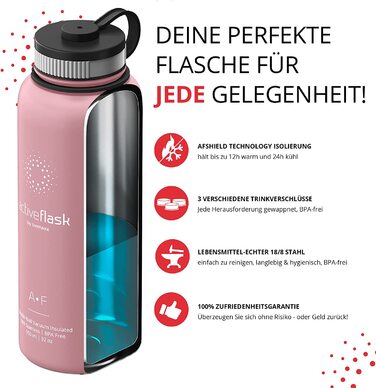 Термобутилка з нержавіючої сталі ACTIVE FLASK 950 мл, ізольована, з трубочкою, 3 кришки, BPA-free, герметична, для газованих напоїв, для води, спорту, велосипеда, дітей, чай, рожево-сіра