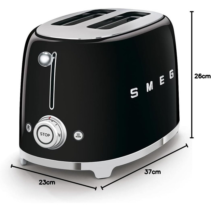 Тостер Smeg TSF01CREU 2-слотовий, чорний - 6 рівнів підсмажування, функція розморожування та підігріву, 950 Вт