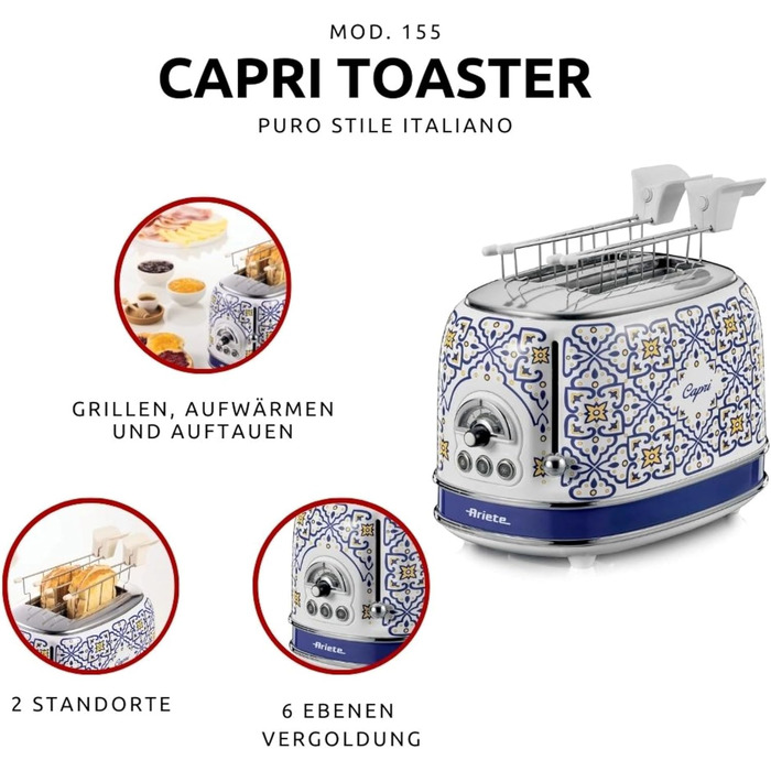 Тостер Ariete 155 Mediterranes Design Capri: 2 слоти, 6 рівнів підсмажування, розморожування, підігрів, автоматичний викид, 810 Вт