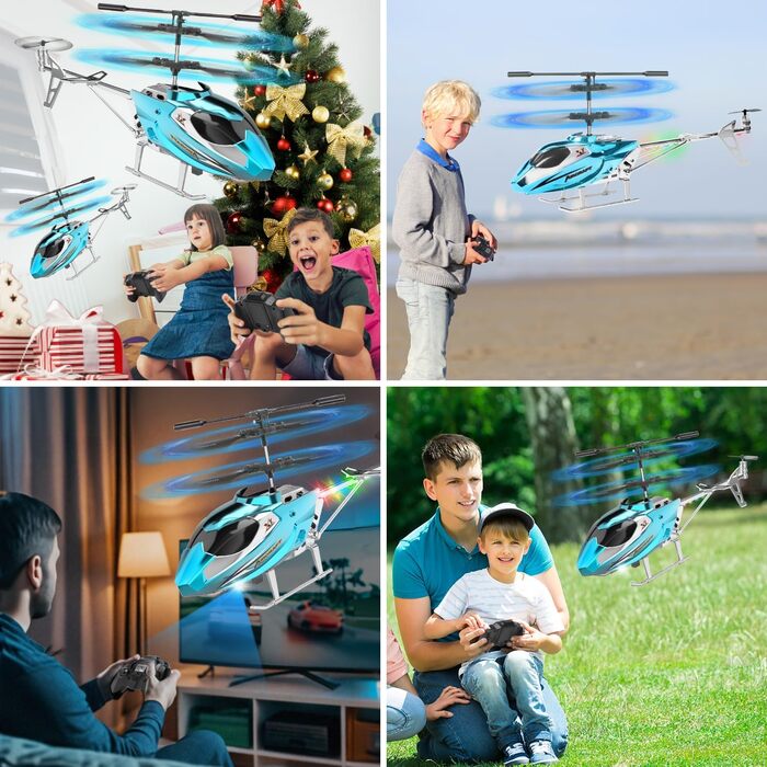 Радіокерований вертоліт Hubschrauber 2.4G з LED підсвіткою для хлопчиків та дорослих (від 12 років), 3.5 канали, гіростабілізатор, фіксована висота, автоматичний зліт, блакитний