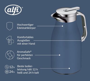 Термос Alfi SKYLINE 1.0л, пастельний колір, нержавіюча сталь з гігієнічним скляним вкладишем, обертовий замок з зручною кнопкою, ергономічна ручка, ідеальний для кави та чаю, BPA-free (1000 мл, Deep Water Mat)