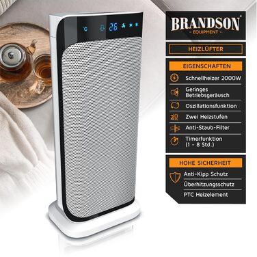 Енергозберігаючий керамічний обігрівач Brandson з дистанційним керуванням, для ванної, тихий, з таймером, функцією обертання, білий, GS сертифікат