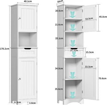 Висока шафа для ванної Bealife 170x40x30 см, біла, з регульованими полицями, відкритою нішею, шухлядою та дверцятами для ванної кімнати, вітальні, спальні