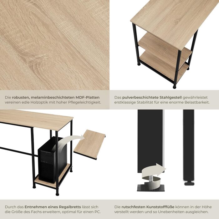 Письмовий стіл tectake Industrial 80x65.5x130.5 см з полицями, висувною полицею для клавіатури та шухлядою - Sonoma Oak (Світле дерево)