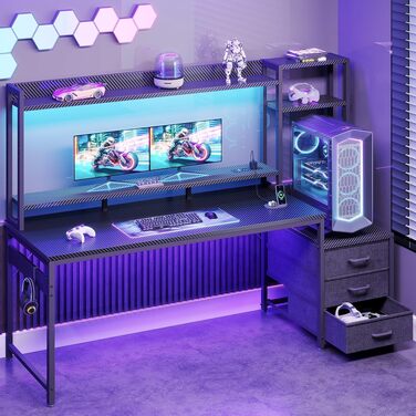 Ігровий стіл Coleshome з полицями та шухлядами, 161×48 см, з LED-підсвіткою, розеткою та підставкою для монітора, вуглецеве волокно (Carbon Fiber), чорний