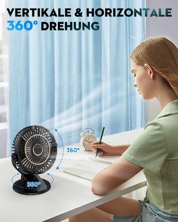 COZII Міні-вентилятор USB: кліпса на стіл, 720° поворот, 5 швидкостей, LED-дисплей. Портативний вентилятор для дому, офісу, дитячого візочка, подорожей - чорний