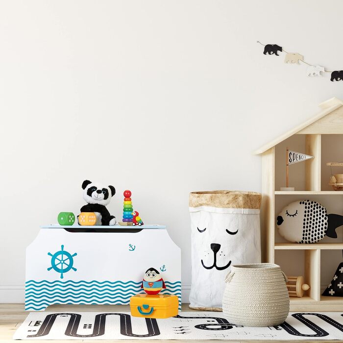 Іграшкова скриня Relaxdays Seemann з кришкою, 46x84x42,5 см, біло-синя, з відділенням для книг, ігрова коробка для зберігання іграшок