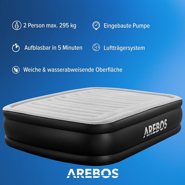 Надувний матрац Arebos 203x152,5x51 см для двох, з електричною помпою, гостьове ліжко, для кемпінгу та дому, сірий/антрацит, у комплекті сумка