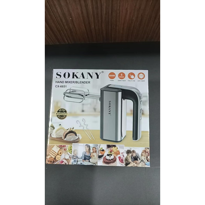 Ручний міксер SOKANY 800Вт з нержавіючої сталі, 5 швидкостей, вихідна кнопка, 2 гаки для тіста та 2 вінички (CX-6651)