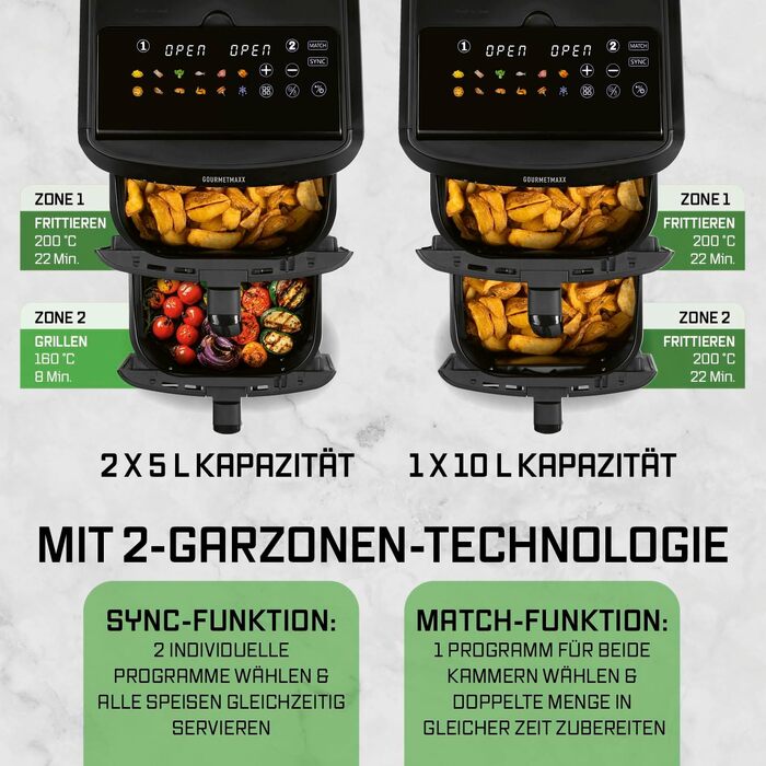 Аерофритюрниця GOURMETmaxx AirGenius 10L з двома камерами (2x5Л), сенсорним керуванням та 10 програмами приготування, для 8 осіб