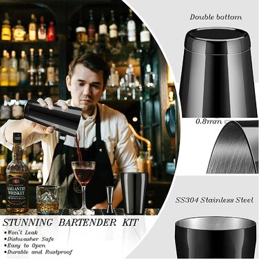 Професійний набір для приготування коктейлів Boston Shaker 11 предметів, чорний – шейкер, мірний стакан, барна ложка, аксесуари для бармена, стильний набір для дому з рецептурною книгою
