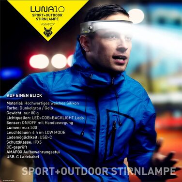 AMAFOX LUNA SPORT 2022 — LED налобний ліхтар для бігу, з заднім світлом і відбивачем, акумуляторний, надлегкий та зручний, антрацит