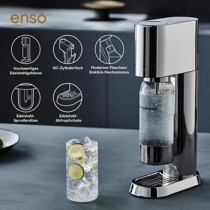 Сифон для газування води SodaStream ENSO, пляшка 1 л, нержавіюча сталь, сріблястий (без циліндра)