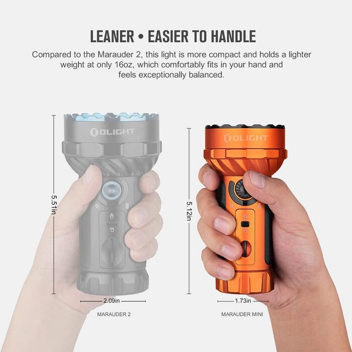 Ліхтарик OLIGHT Marauder Mini LED 7000 люменів, 600 м, перезаряджуваний, з дальнім і розсіяним світлом, 3 кольори LED, датчик відстані, для активного відпочинку, помаранчевий