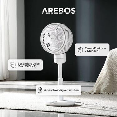 Вентилятор Arebos 55Вт, 3D осциляція, 23 см, тихий, регульована висота, 4 швидкості, таймер, дистанційне керування