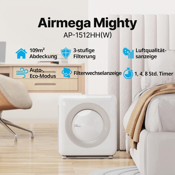Очищувач повітря COWAY Mighty AP-1512HH з HEPA-фільтром для дому та алергіків, білий (CADR 421 м³/год, еко-режим, від пилу, шерсті та пилку)