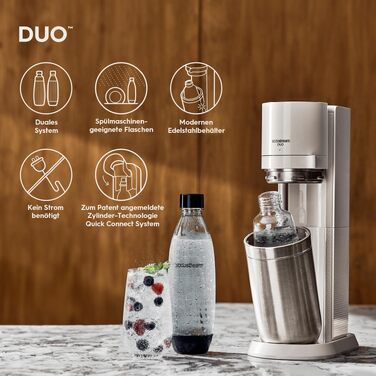 Сифон для води SodaStream Duo з CO2-циліндром, 2 скляними та 2 пластиковими пляшками по 1л (dishwasher safe), білий