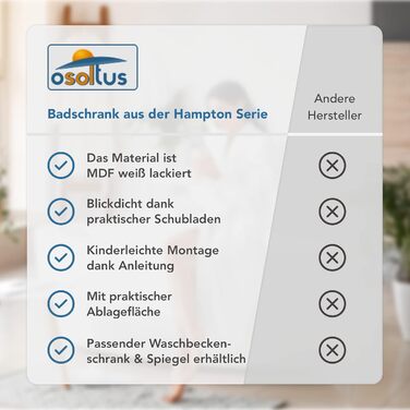 Osoltus Hampton шафа для ванної з шухлядами, біла, сучасний комод з великим простором для зберігання, шафка у ванну кімнату та гостьовий санвузол