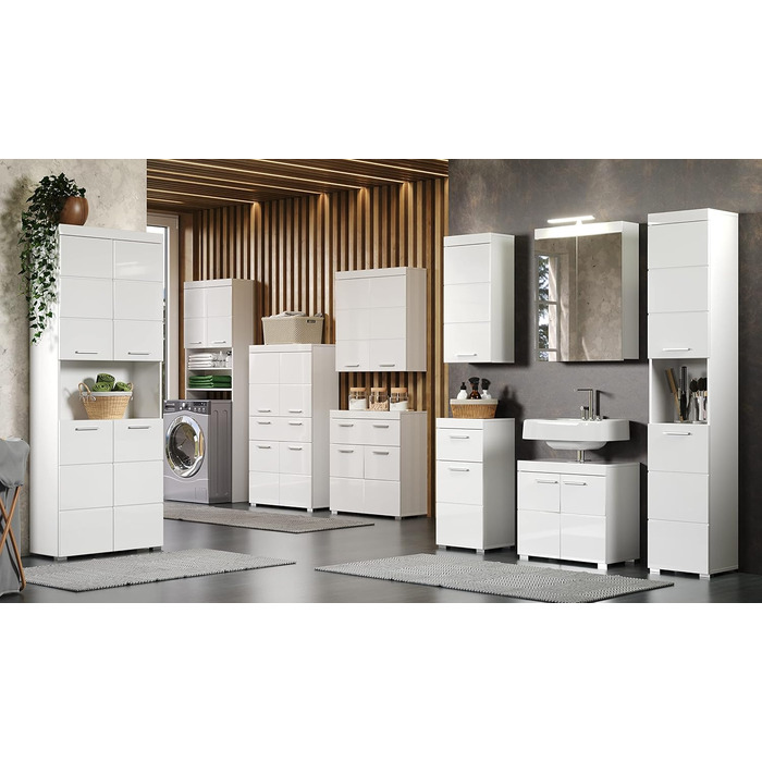 Комод для ванної Trendteam Amanda, білий глянцевий, 37x79x31 см, з 1 дверцятами і 1 шухлядою, універсальний, сріблясті ручки