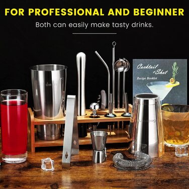 Набір для коктейлів Boston Cocktail Set 16 предметів з нержавіючої сталі, професійний, 600/450 мл, з аксесуарами для бару, бамбуковий підставка, подарунковий набір