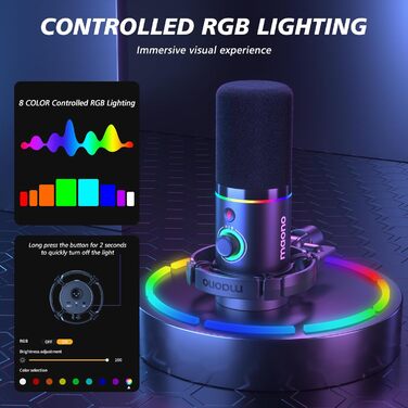 MAONO PD200XS Динамічний XLR/USB мікрофон з RGB підсвіткою, комплект із тримачем, програмним забезпеченням, кнопкою вимкнення звуку та регулятором гучності для подкастів, стрімінгу, запису, геймінгу, ПК, Mac, PS4/5, мікшер, чорний