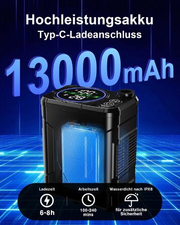 Портативний кемпінговий душ Spopal з акумулятором 13000 мАг, водонепроникний IPX8, з цифровим дисплеєм та функцією паузи, для подорожей, кемпінгу та миття авто (Чорний)