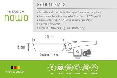 Сковорода Woll Nowo Titanium 20 см, алюмінієва, антипригарна, знімна ручка, для газових, електро, керамічних, галогенових плит