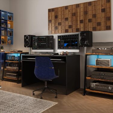 4-рівнева Hi-Fi стійка на колесах із розетками, LED-підсвіткою, регульованими полицями з дерева для аудіосистем, стерео та ТВ, 60x52x78 см