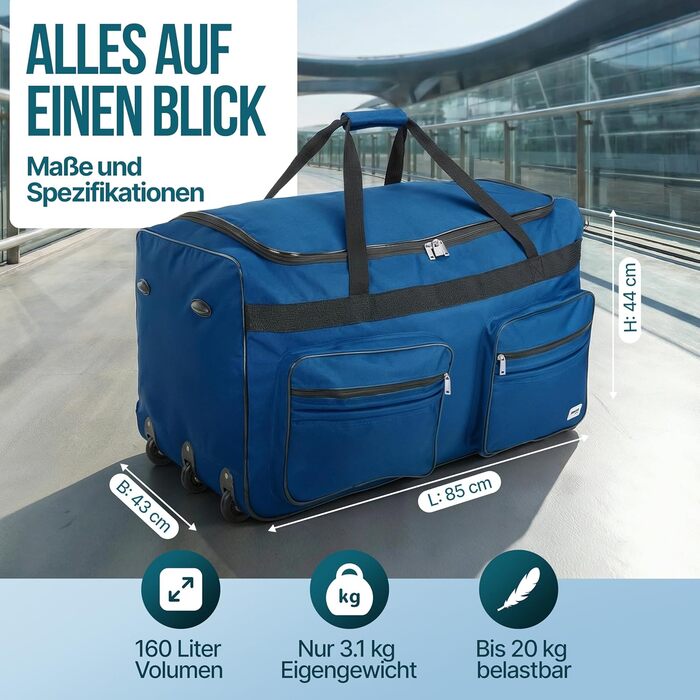 Дорожня сумка на колесах MONZANA XL 85л, сумка-тролей з телескопічною ручкою та підставками, м'який дорожній багаж (Темно-синій, 70x36x34см)