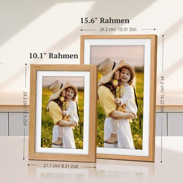 Frameo Цифровий фоторамка 15.6 дюймів: Електронний, з Wi-Fi, 32GB, IPS Touchscreen, відправка фото через додаток, подарунок, дубова рамка