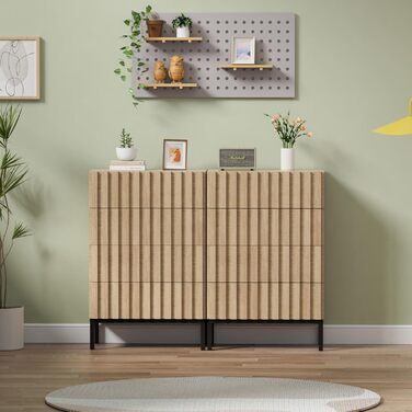 Комод UEV з 4 висувними ящиками, комплект 2 шт, 120x34,5x92 см, вузький дерев'яний комод для зберігання вітальня, спальня, передпокій (натуральний)