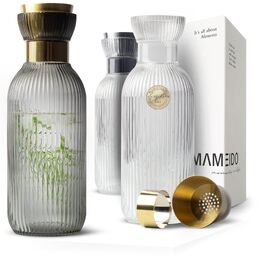Скляний глечик для води MAMEIDO з носиком та ситом, 1 л, рифлене кришталеве скло, Smoke Gold