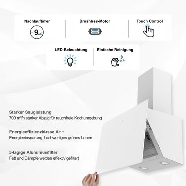 Витяжка кухонна SNDOAS 60 см, потужність 550 м³/год, режим відведення та рециркуляції, з вугільним фільтром, енергоефективність A++, чорна