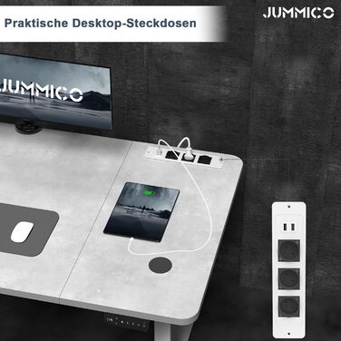 Електричний підйомний стіл JUMMICO 160x80 см, регульований по висоті письмовий стіл з бездротовою зарядкою, USB-портом та розеткою, сірий