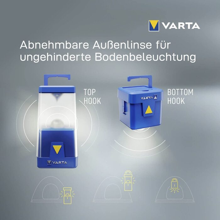 Кемпінговий ліхтар VARTA LED Ambiance L20 з димером та кольоровими режимами, працює від 6x AA батарей, для риболовлі, відпочинку на природі, аварійних ситуацій, без батарей
