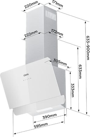 Похила витяжка для кухні CIARRA CBCS6765C 60 см, сталь та скло, білий/сріблястий, 580 м³/год, з вугільним фільтром CBCF055, сенсорне керування, настінний монтаж, клас A+