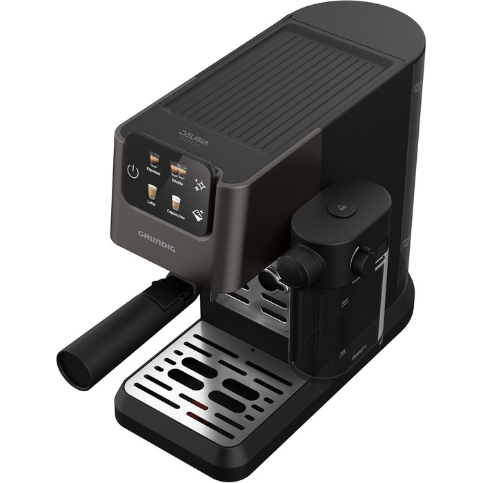 Еспресо-кавоварка GRUNDIG KSM 5330 з молочним контейнером, 1628 Вт, 15 бар, двійна насадка, сенсорний дисплей, BrewSense, CreamyPro, нержавіюча сталь/чорна