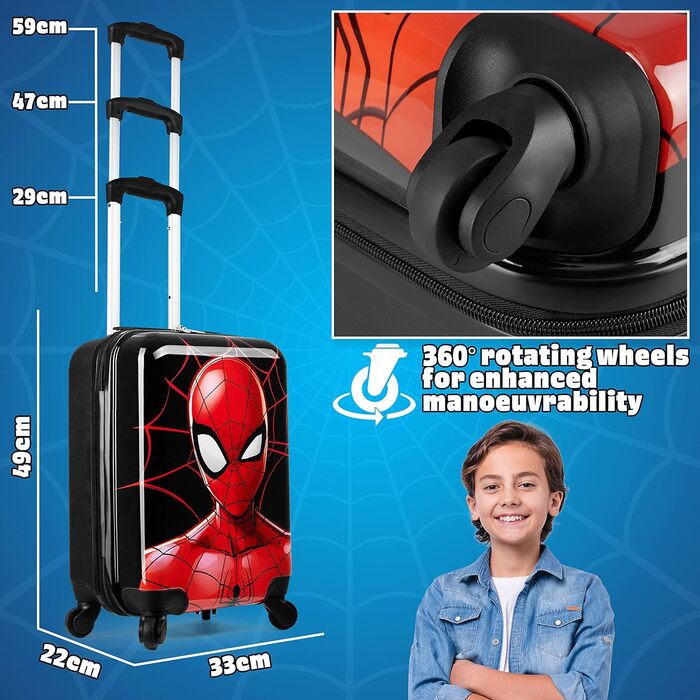 Дитячий дорожній чемодан Marvel Spiderman на 4 колесах, 49×33×22 см, з висувною ручкою та відділенням на блискавці, для хлопчиків і дівчаток