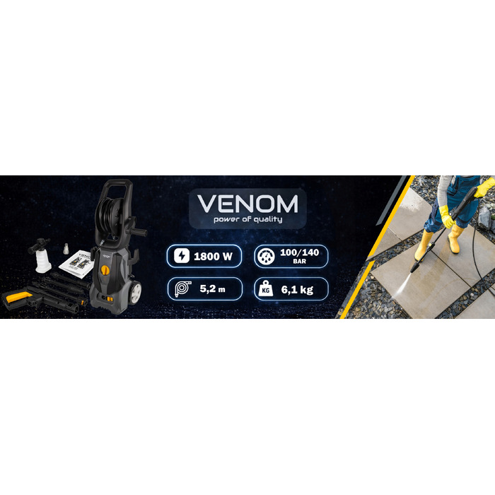 Мийка високого тиску VENOM 1800W, алюмінієвий насос, 140 бар, шланг 5,2 м з котушкою