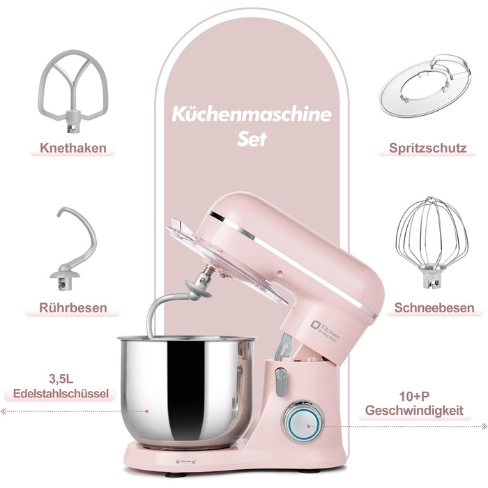 Кухонний комбайн Kitchen in the box Kompakte — планетарний міксер та тістоміс 3.5 л, 10 швидкостей, набір насадок (гак, вінчик, міксер), рожевий