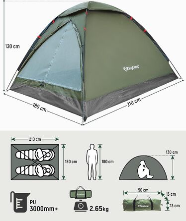 Намет для кемпінгу KingCamp на 2-3 особи, просторий водонепроникний (3000 мм), зелений