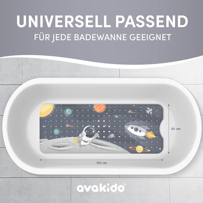Дитячий килимок для ванни avakido® 100% BPA-Free, антиковзкий, з гачками, стійкий до цвілі, машинне прання, космічний дизайн