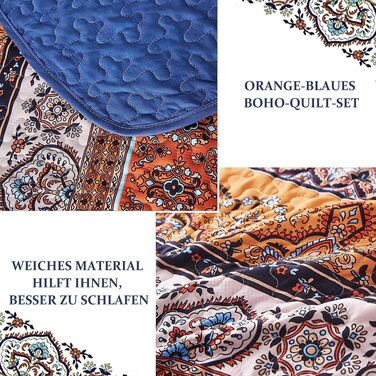 Постільна покривало WONGS BEDDING в стилі Бохо 220x240 см, 3-предметний комплект з 2 наволочками 50x70 см, стібана ковдра з мікрофібри для двоспального ліжка та дивана