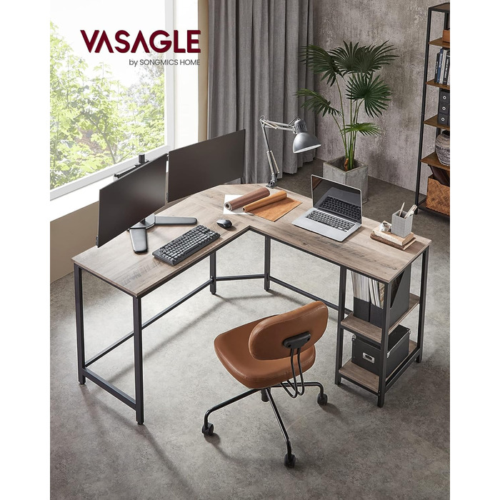 VASAGLE письмовий стіл кутовий L-подібний 138x138x76 см з 2 полицями, комп'ютерний стіл для офісу та геймінгу, простий монтаж, грейж-чорний