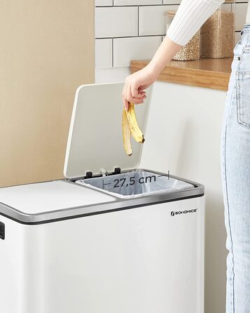 Сортувальний смітник для кухні SONGMICS, 3 секції (2×10 л та 30 л), сталевий, з вугільним фільтром, компактний, білий