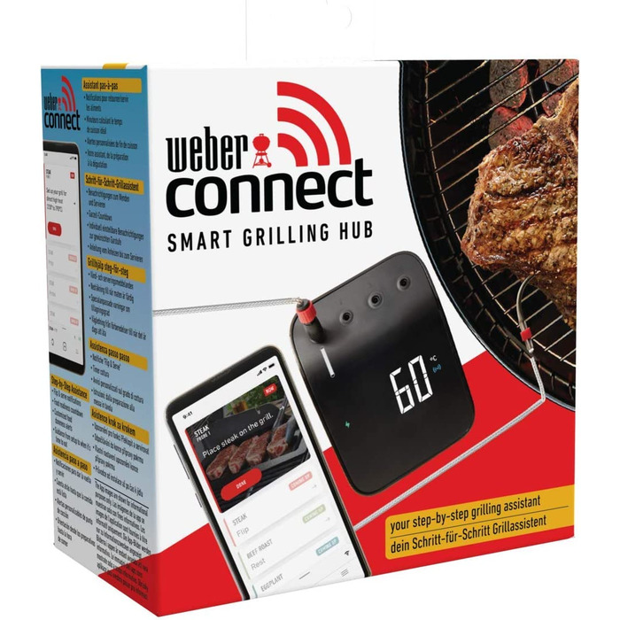 Weber Connect Smart Grilling Hub — розумний термометр для гриля з Bluetooth і Wi-Fi, контроль через додаток, покрокові рецепти, підтримка до 4 датчиків, чорний