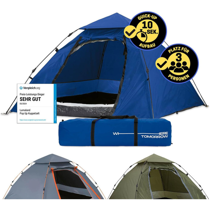 Намет Lumaland Outdoor Pop Up для 2-3 осіб, купольний, швидкорозкладний, для кемпінгу, подорожей, трекінгу та фестивалів, 215x195x120 см, з сумкою